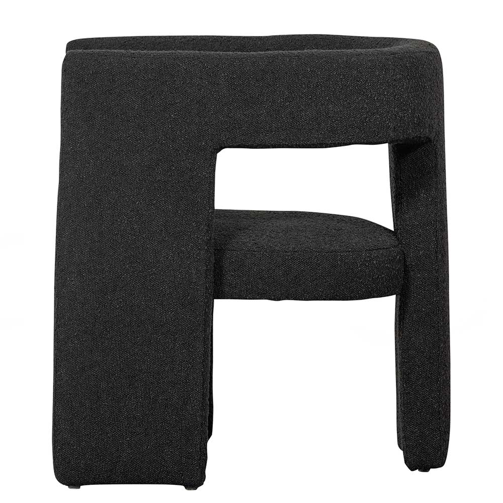Moderner dunkelgrauer Boucle Sessel in Seitenansicht, mit breiten Armlehnen – Seanno