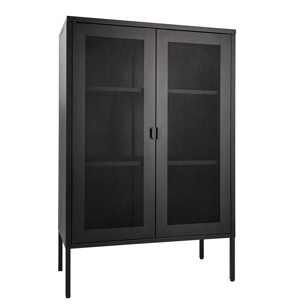 Schwarzes Industrial Highboard mit geschlossenen Gittertüren und stabilen Standbeinen – Zadegna