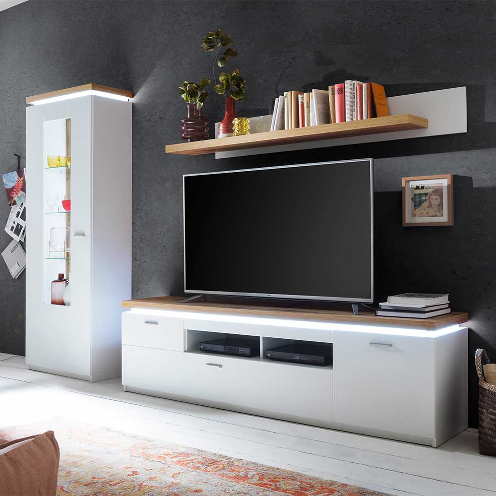 TV Wohnwand in Weiß & Dekor Wildeiche - Caldri (dreiteilig)