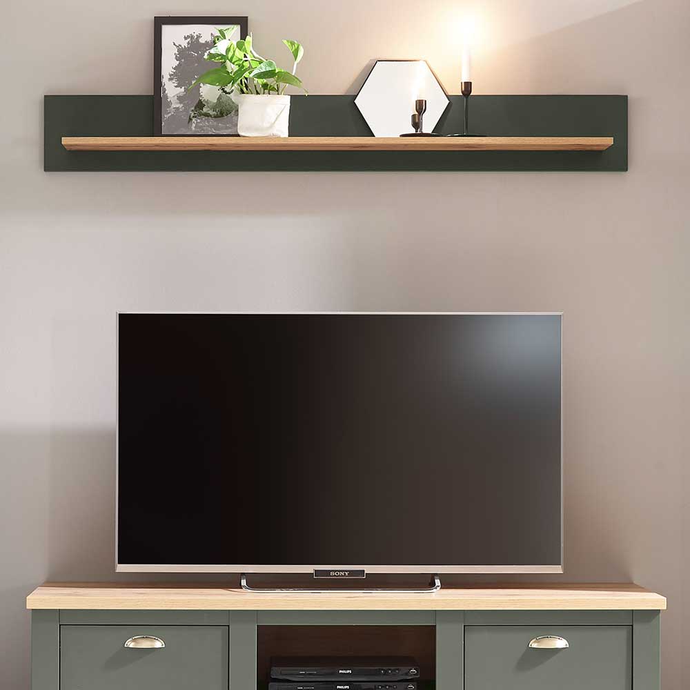 Graugrünes Lowboard mit TV und passendem Wandregal aus Wildeiche für das Wohnzimmer – Eylan