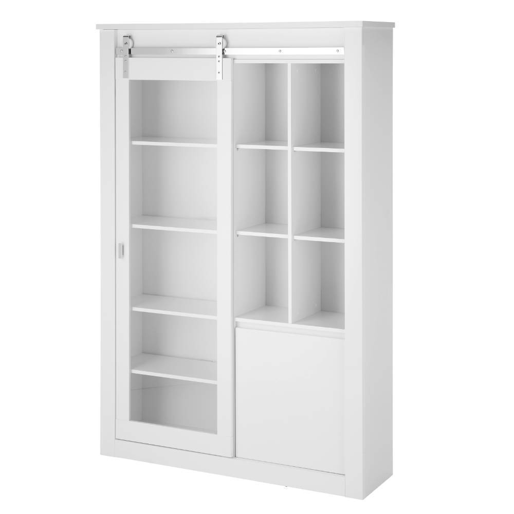 Design-Vitrinenschrank in Weiß mit Chrom, Glas-Schiebetüren und Regalböden für Wohnzimmer – Memphys