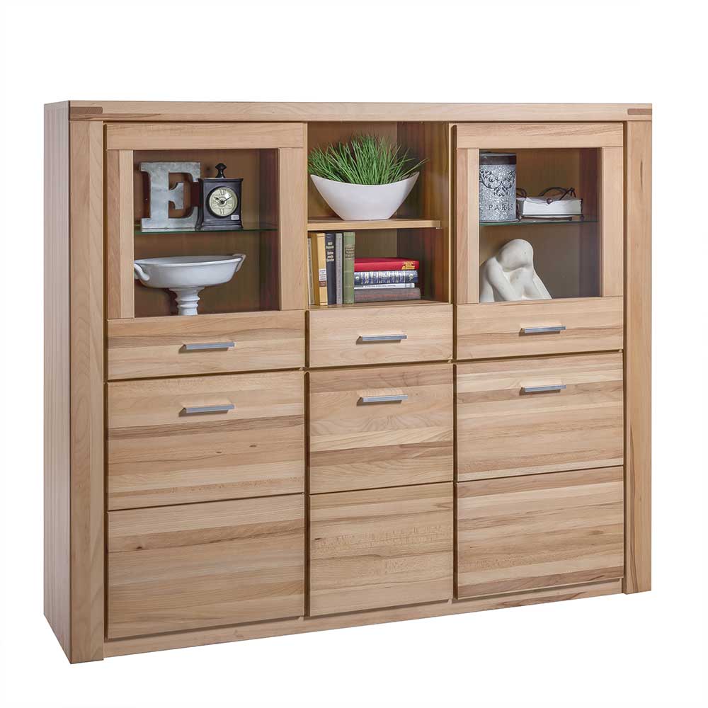 Kernbuche Highboard 158x140 cm mit fünf Türen, Glas und Holzfronten – Uhelia