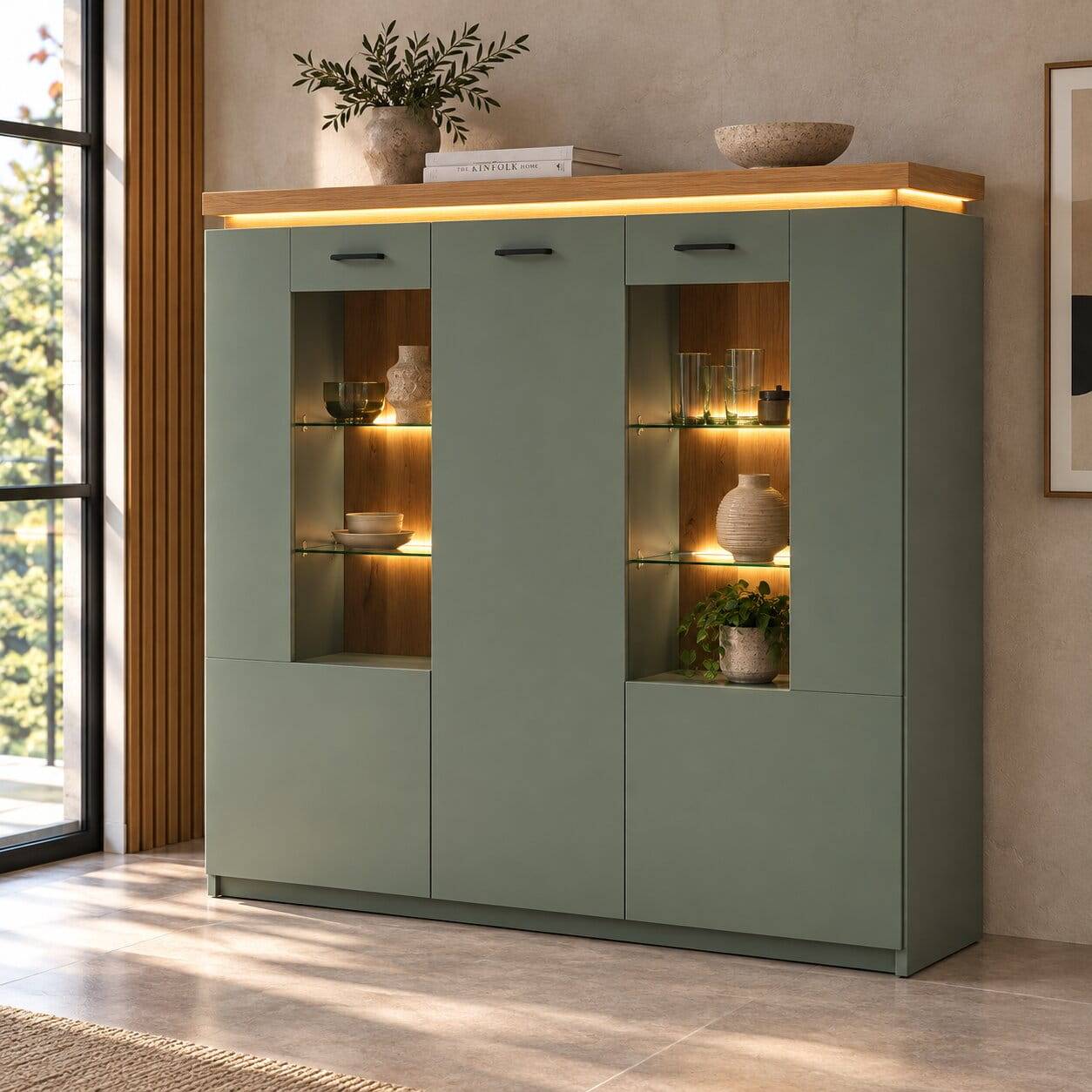 Schrank Vitrine in Graugrün und Eiche - Kwin