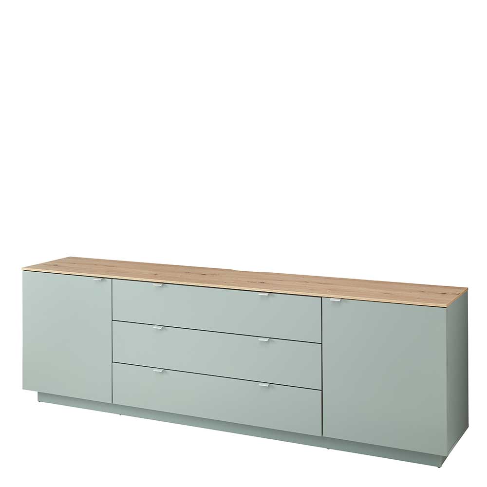 Modernes Sideboard in Hellgrün mit Holzplatte, zwei Türen, drei Schubladen und Metallgriffen – Yoan