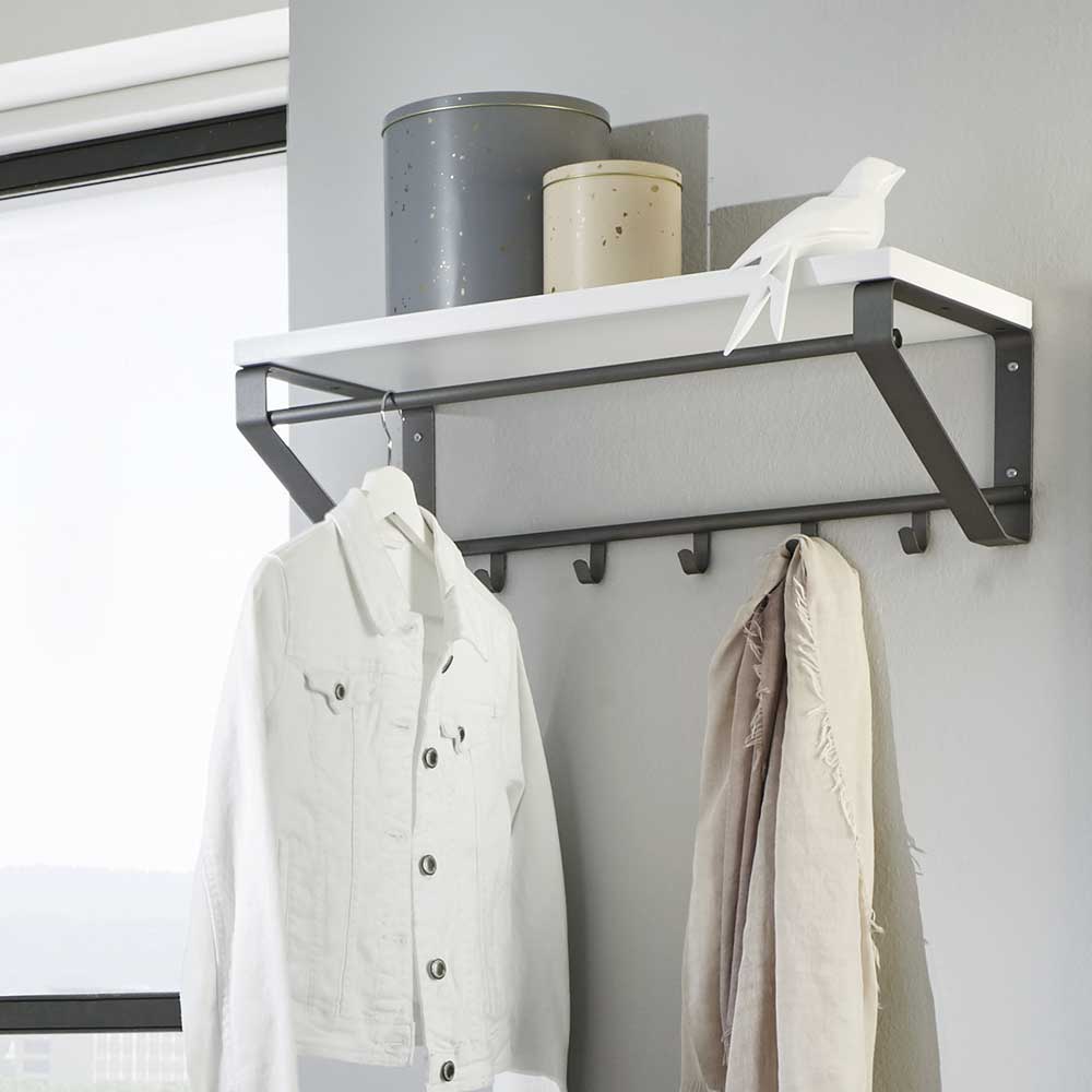 Grau-weiße Hängegarderobe mit Hutablage, Kleiderstange und Haken für den Eingangsbereich – Probian