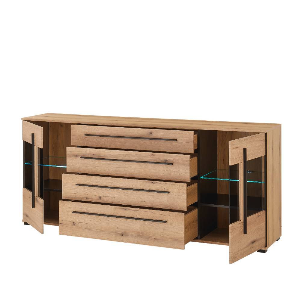 Modernes Sideboard aus Holz mit vier Schubladen und zwei offenen Glastüren mit LED-Beleuchtung – Brocus