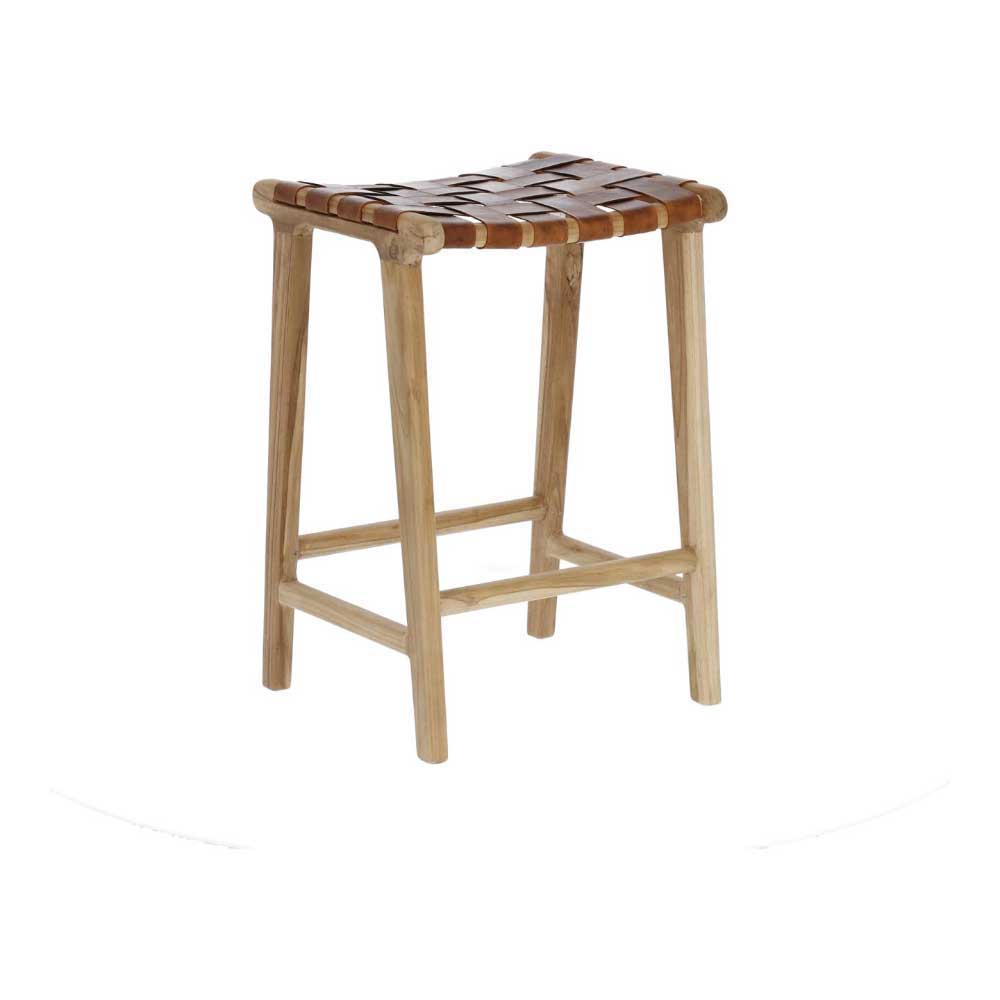 Holzhocker mit naturbelassenem Gestell und geflochtenem Sitz aus braunem Leder – Londres