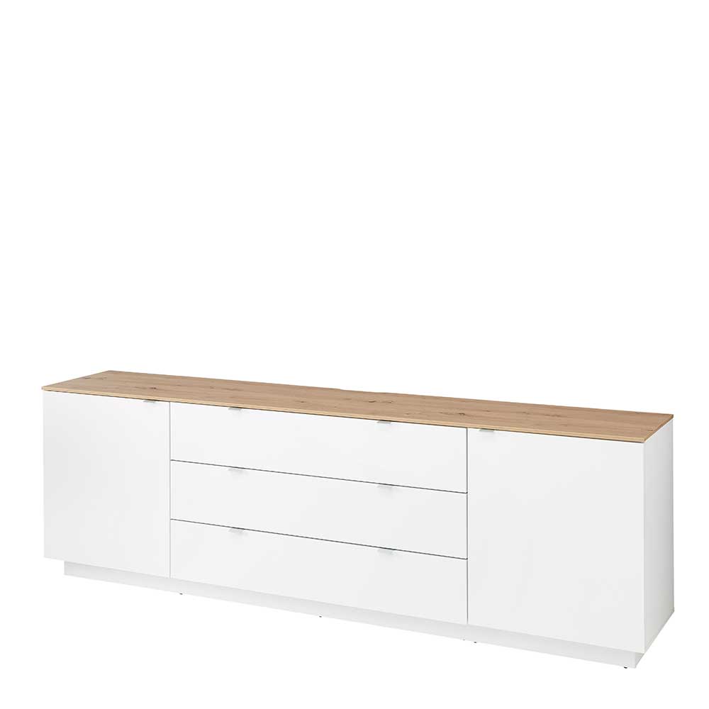Sideboard wei deutsch mit Eichenholzoptik Platte, zwei T deutschren und drei Schubladen auf Sockel – Astaran