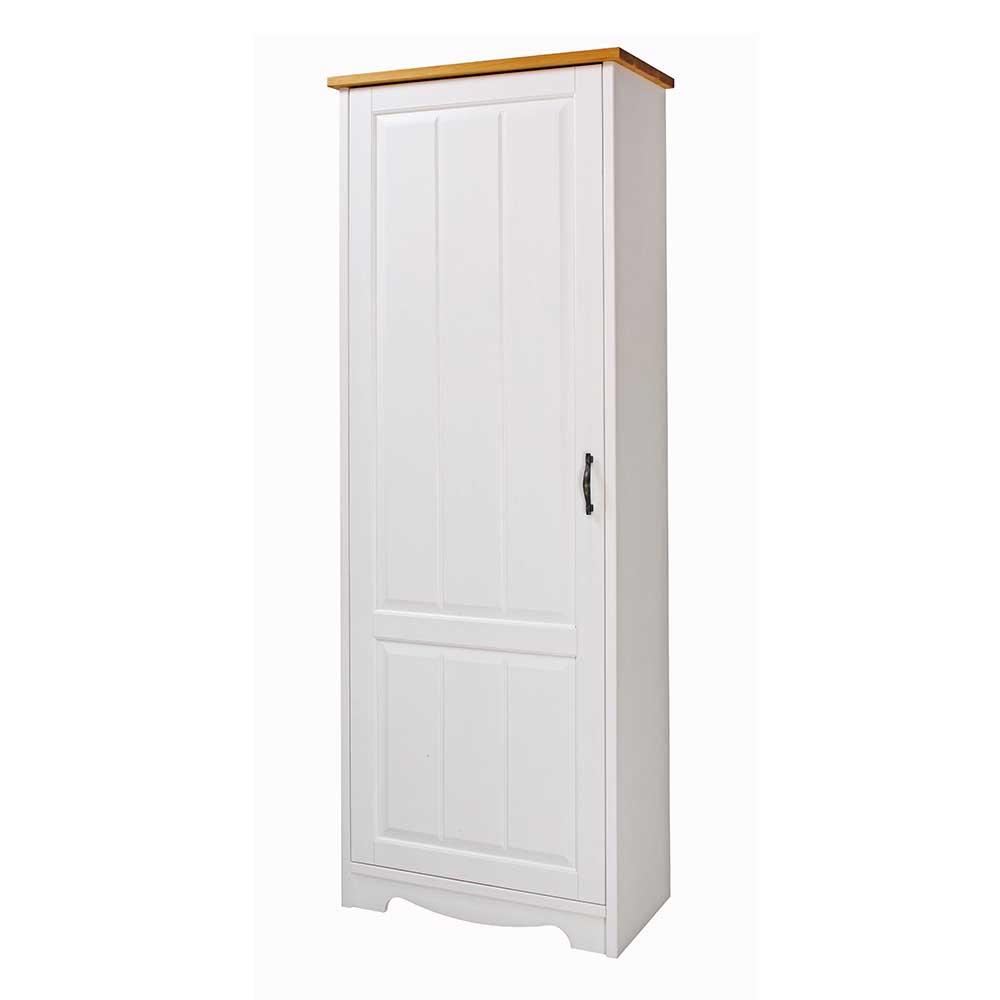 Weißer 1-türiger Garderobenschrank mit brauner Holzplatte und schwarzem Griff im Landhausstil – Ribeiro