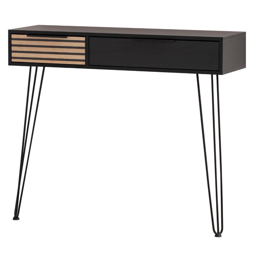 Eleganter schwarzer Ablagetisch mit zwei Schubladen und schlankem Metallgestell im Skandi-Design – Duran