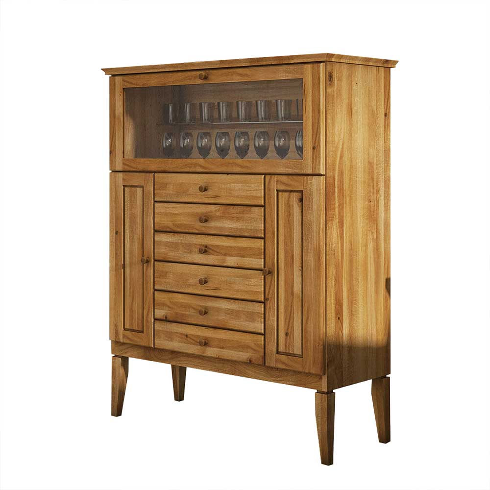 Stilvolles Massivholz Highboard mit Glasklappe, Schubfächern und Türen als Wohnmöbel – Masdamos