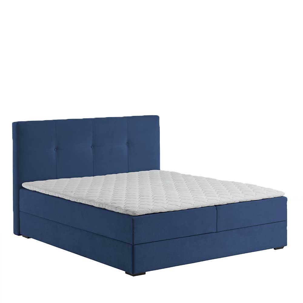 Blaues Stauraumbett mit 118cm hohem Kopfteil - Remilia