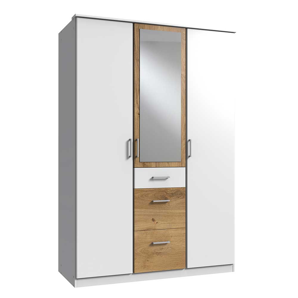 3-türiger Schlafzimmerschrank mit Spiegeltür und drei Schubladen in Weiß und Holzoptik – Calassina
