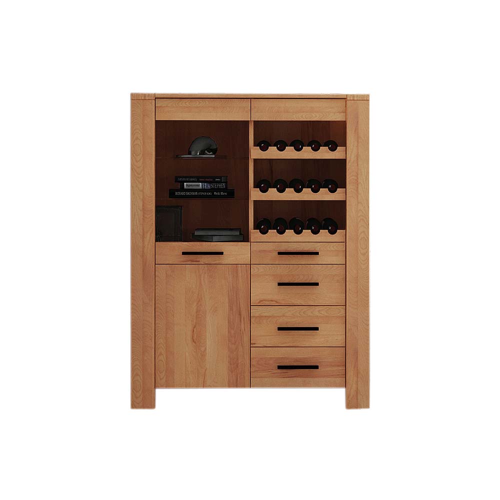 Weinschrank aus Kernbuche Massivholz mit Flaschenregalen, Schubladen und Vitrinentür – Mosniak