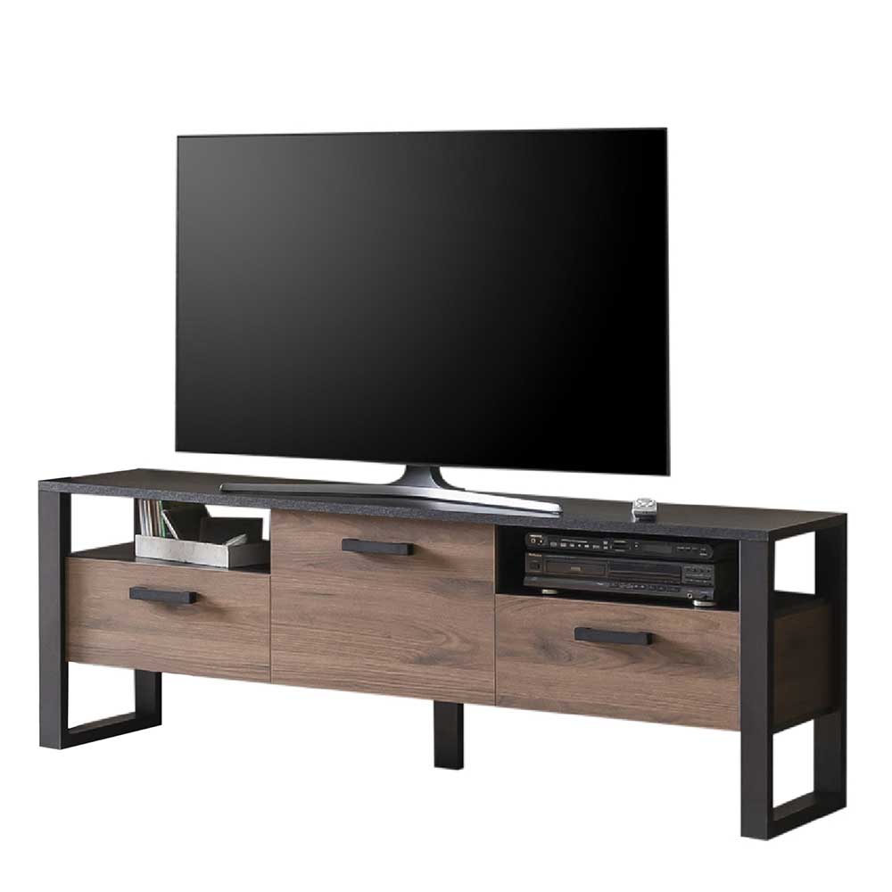 Modernes breites TV Board in Holzoptik mit dunkler Ablage und schwarzen Griffen – Dudleys
