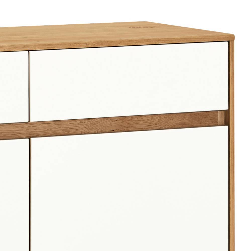 Obere rechte Ecke der Dielenkommode in Weiß mit Holzplatte und Schublade – Pablona