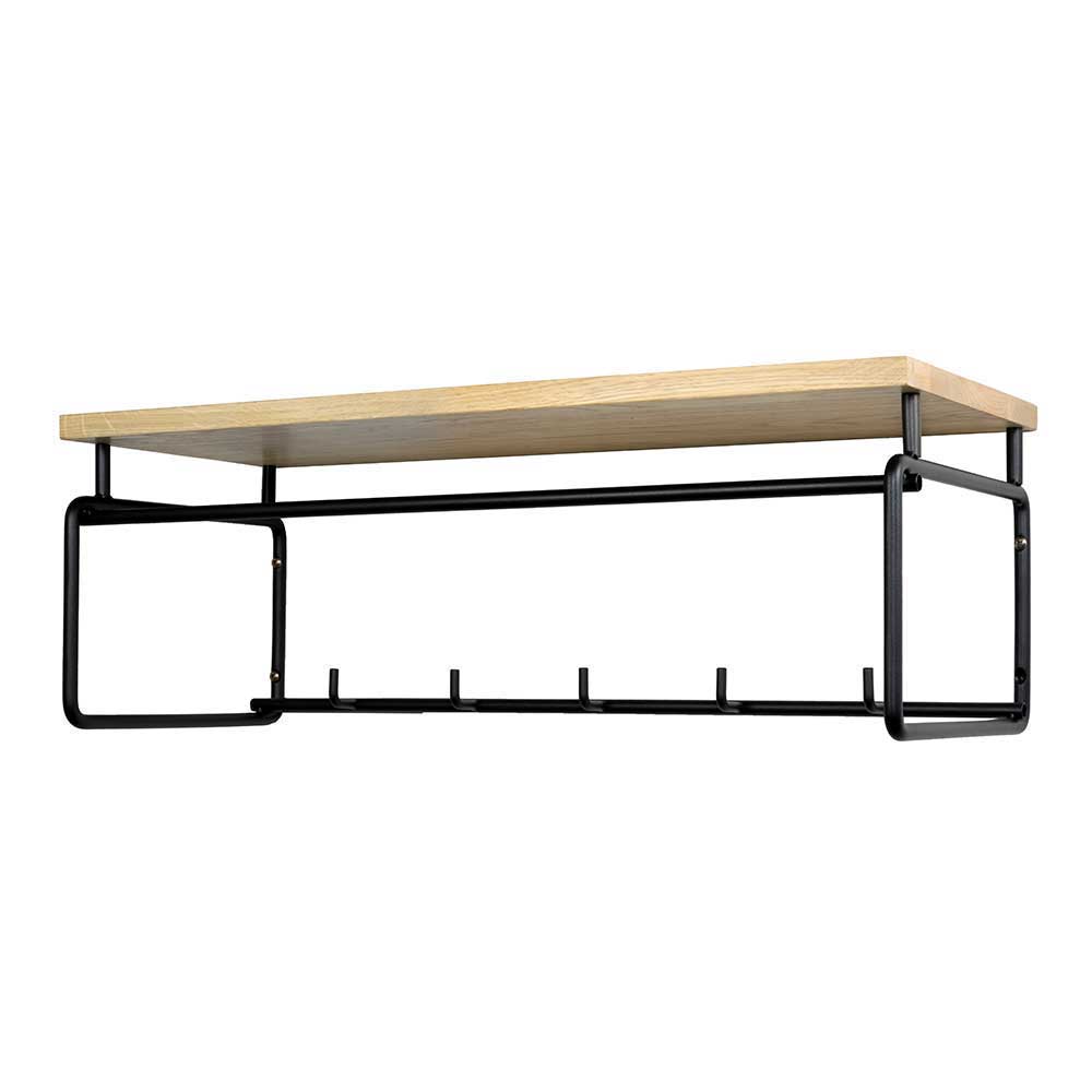 Wandgarderobe mit heller Holzablage, schwarzem Metallrahmen, Kleiderstange und fünf Haken – Creemas