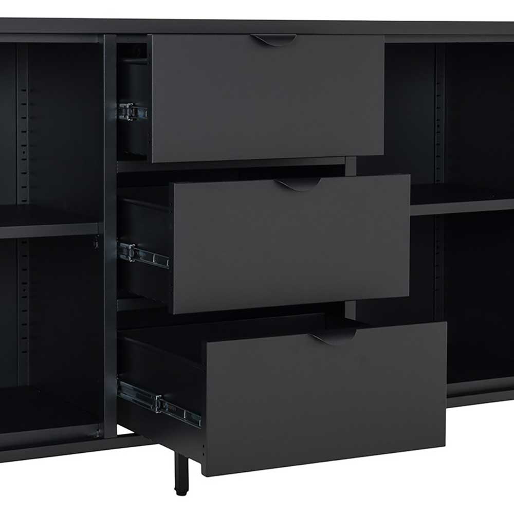 Drei ausziehbare Schubladen des schwarzen Kommoden-Sideboards mit viel Stauraum – Tirmanus