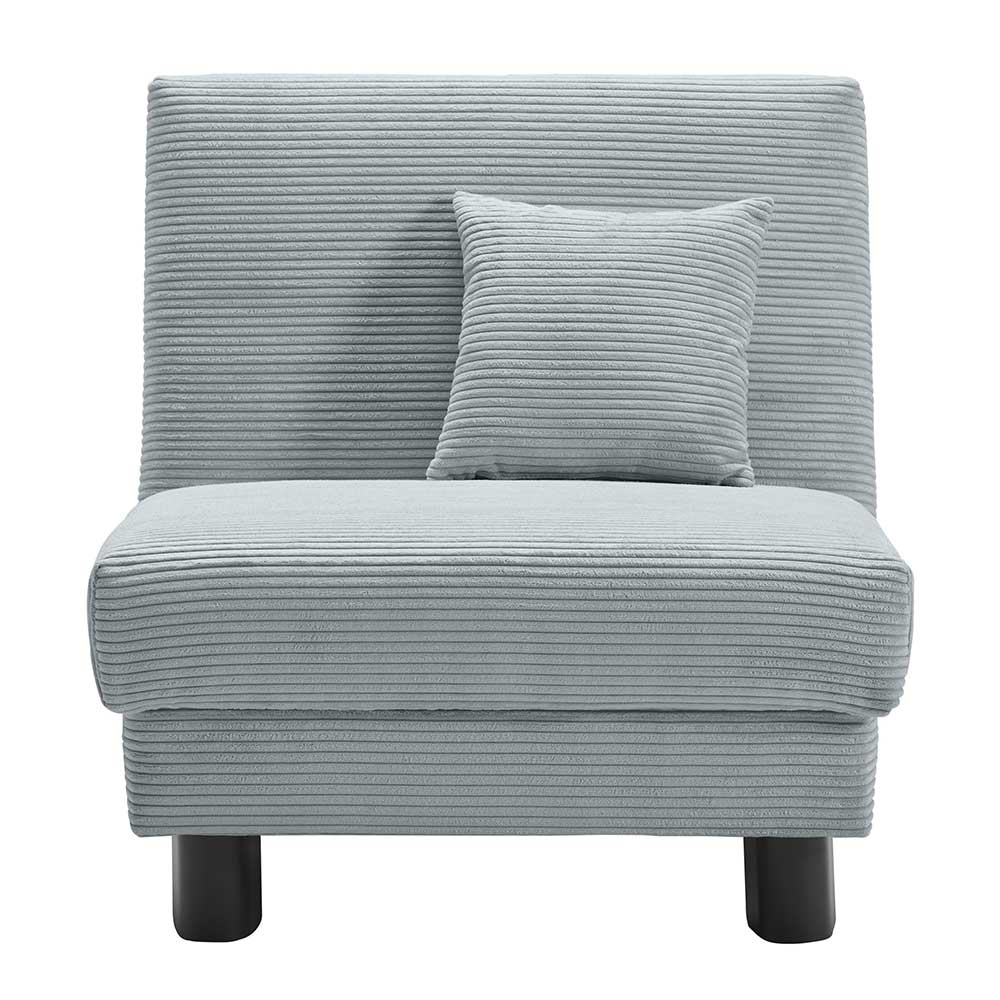 Hellblauer Sessel mit Bettfunktion aus Kordstoff und passendem Kissen frontal – Lenox