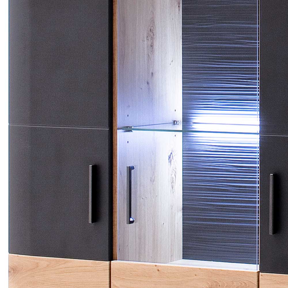 Mittlerer Bereich der Kombi-Vitrine mit schwarzen Türen, Glasausschnitt und blauer LED-Beleuchtung – Vecenda