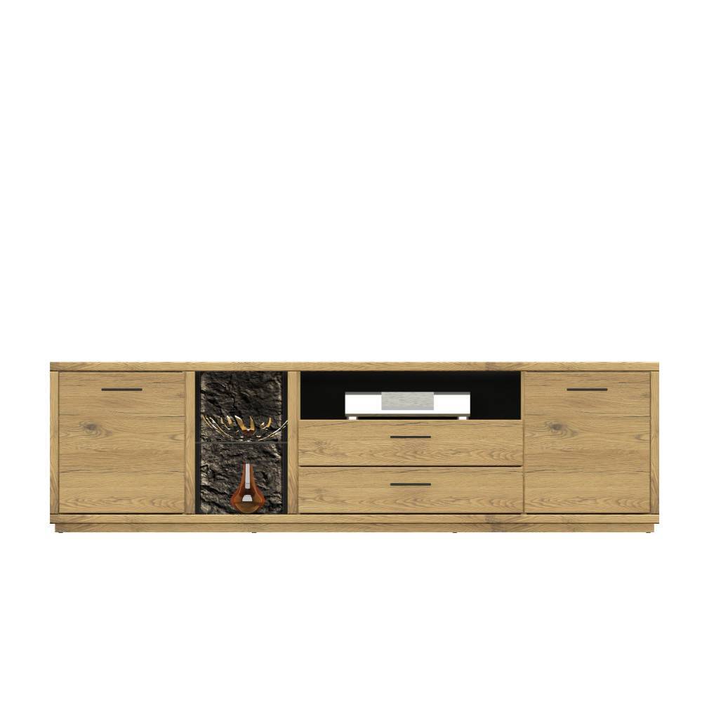 Massives TV-Lowboard Eiche hell mit dunklem Stein-Element und LED-Beleuchtung – Friburgo