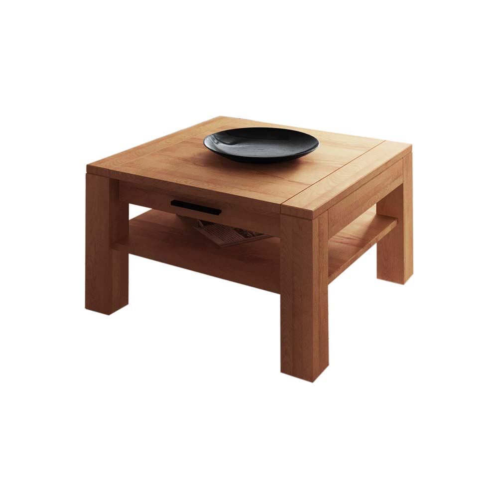 Quadratischer Massivholz Couchtisch aus geölter Kernbuche mit Ablage und Schublade – Mosniak
