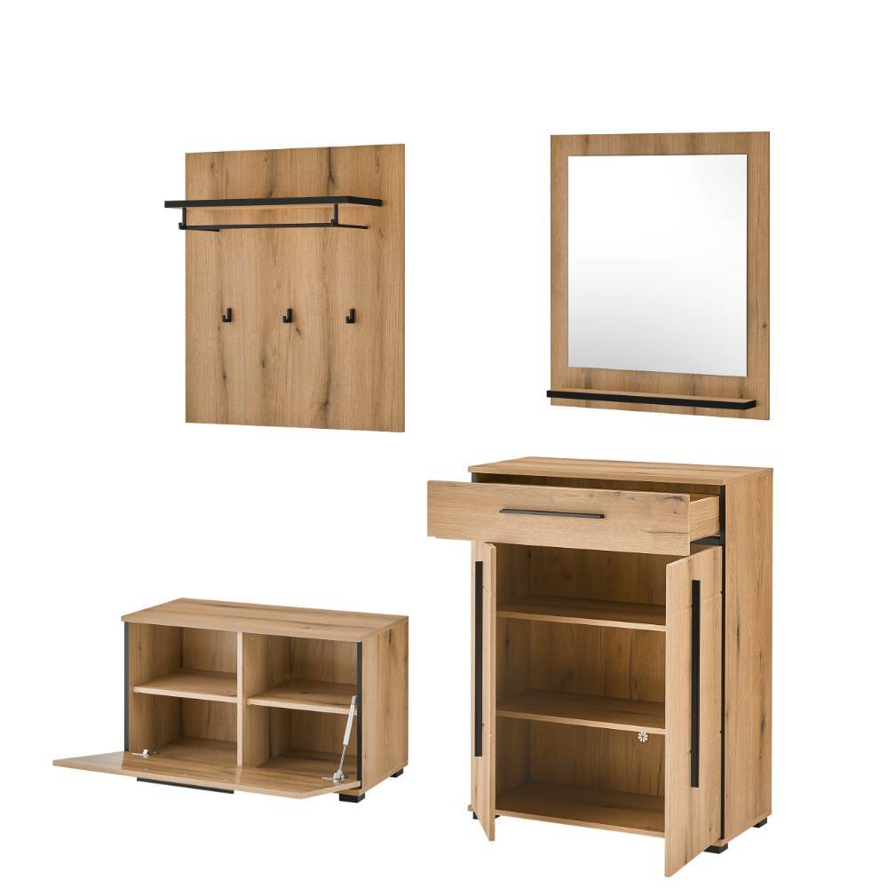 Vierteiliges Flurmöbel Set in heller Holzoptik mit Garderobenpaneel, Spiegel, Schuhschrank und Schuhbank – Moviess