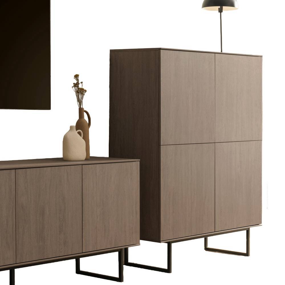 Zweiteiliges Highboard und TV Lowboard Set in dunkler Holzoptik mit schwarzen Gestellbeinen – Julado