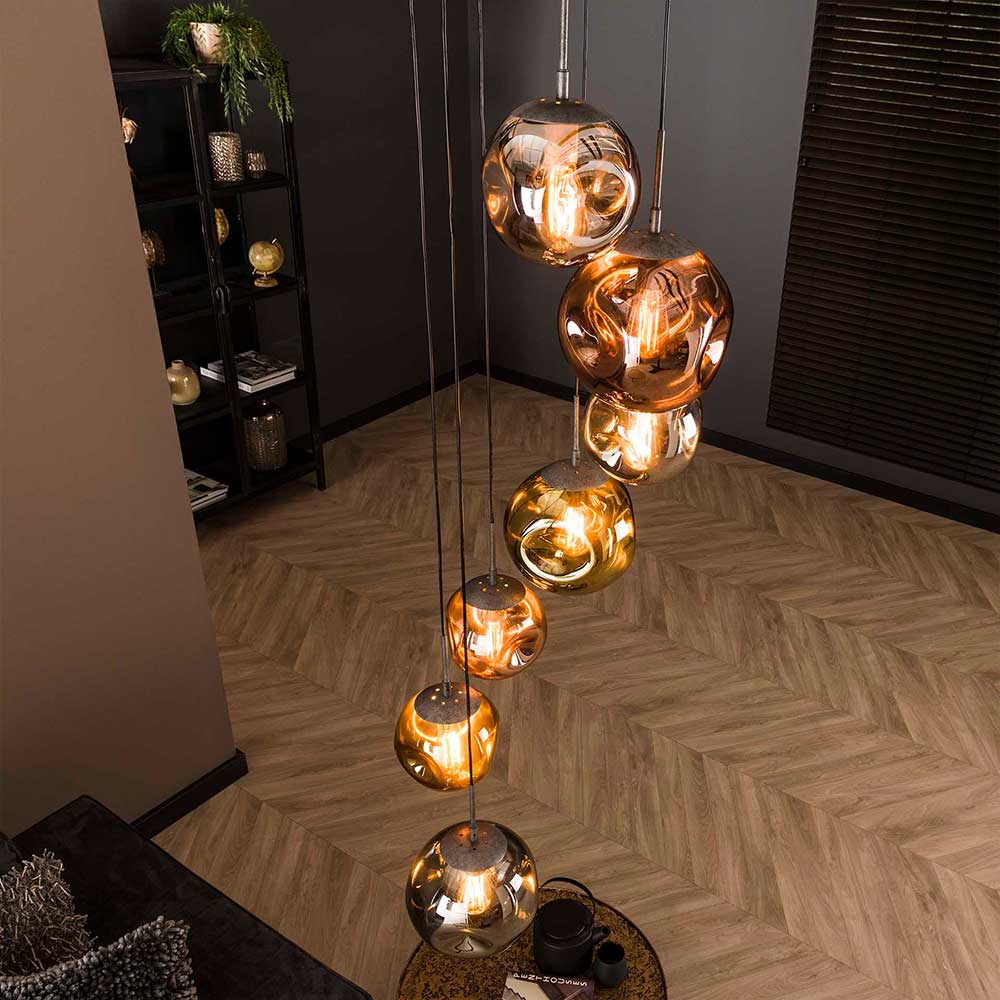 7-flammige Hängeleuchte mit Metallic Glasschirmen - Elizabeth