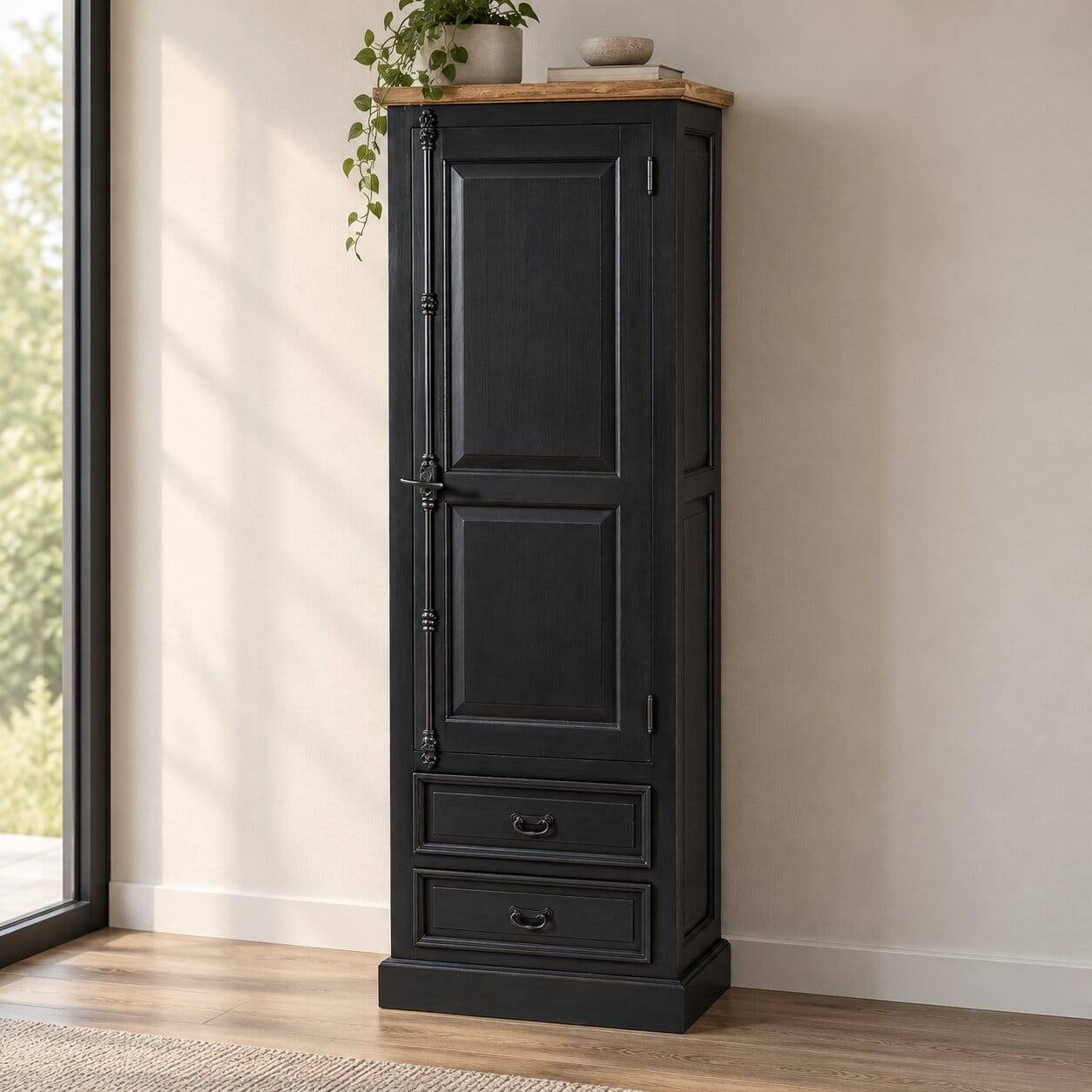 61x180x42 Wohnzimmer Schrank in Schwarz & Teak - Niovan