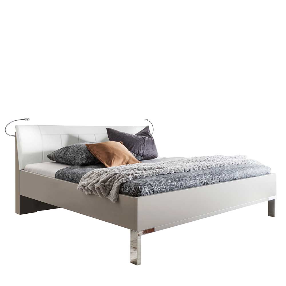 Modernes Doppelbett in Grau mit Kunstleder-Kopfteil und integrierter LED-Beleuchtung – Tumiva