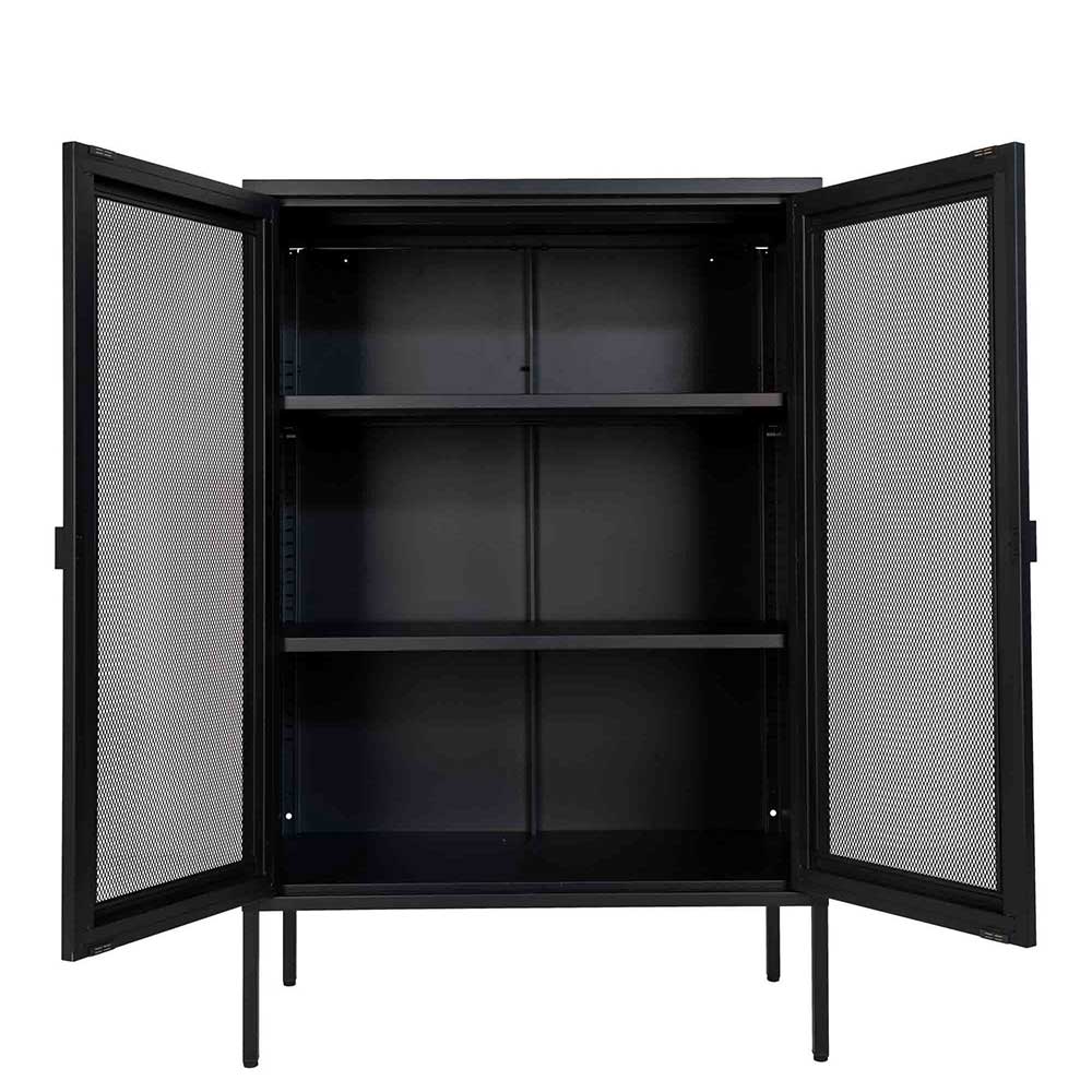 Schwarzes Industrial Highboard mit offenen Gittertüren und drei leeren Ablagefächern – Zadegna
