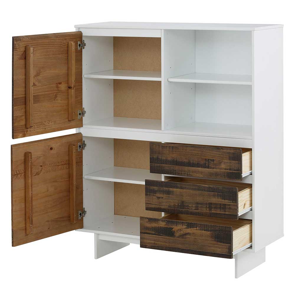 100x120x35 Highboard in Weiß & Kiefer dunkel - Chihu