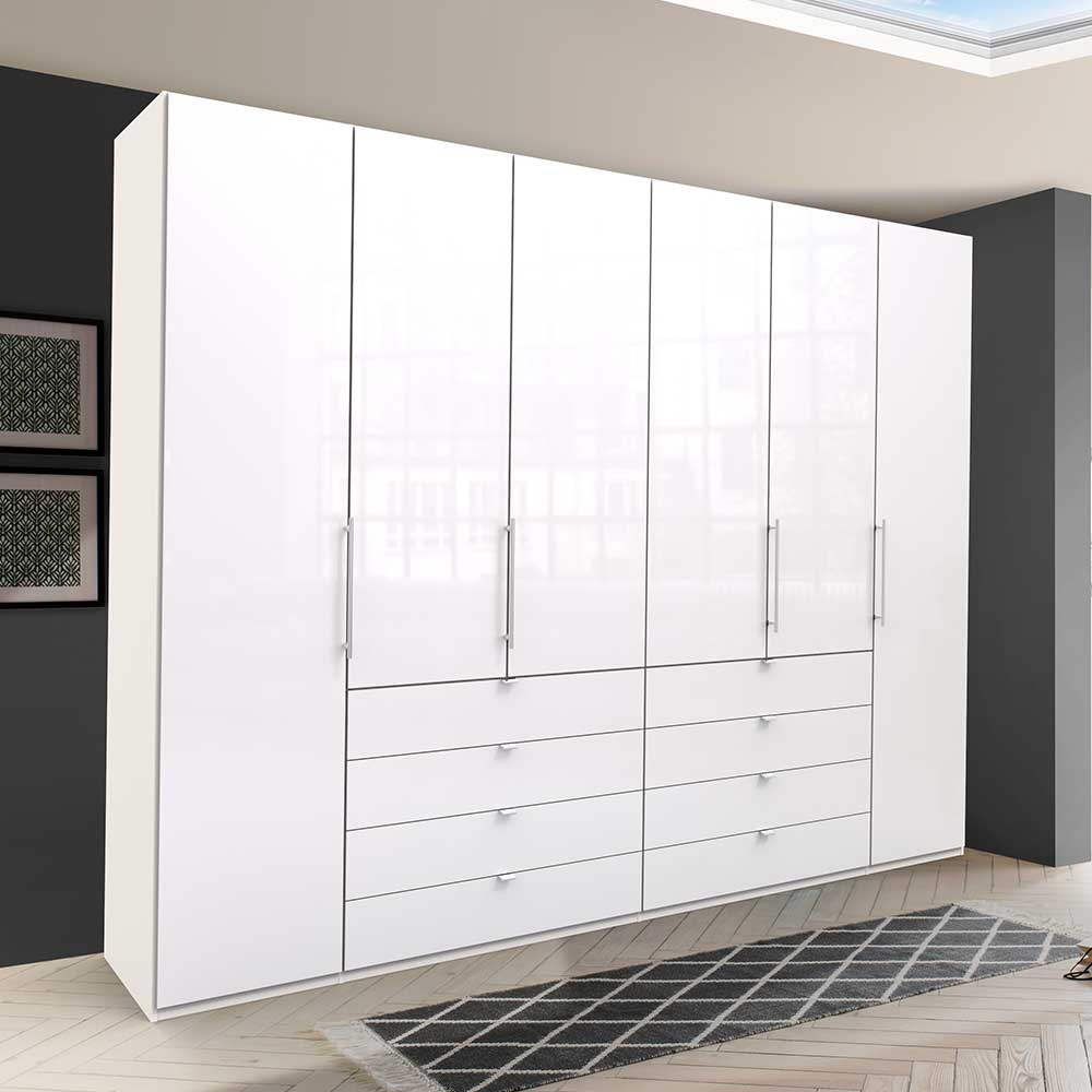 Weißer Hochglanz Kleiderschrank mit Türen und acht Schubladen für das Schlafzimmer – Dolienca