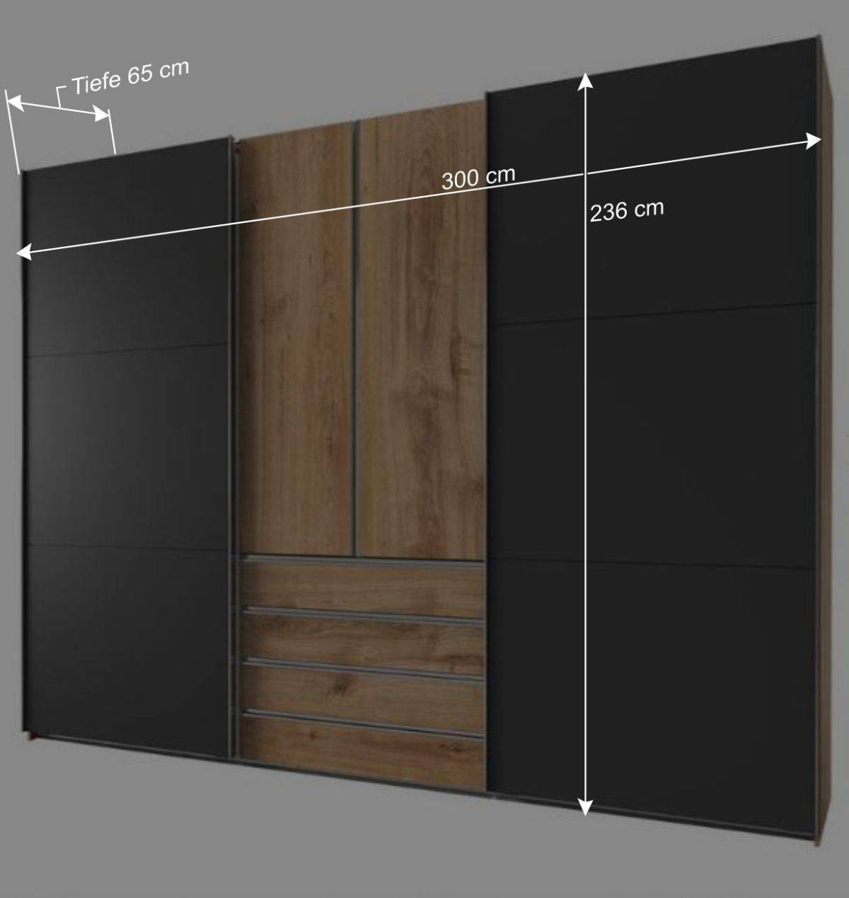 300 cm Schlafzimmerschrank in Dunkelgrau & Holzoptik - Bafata