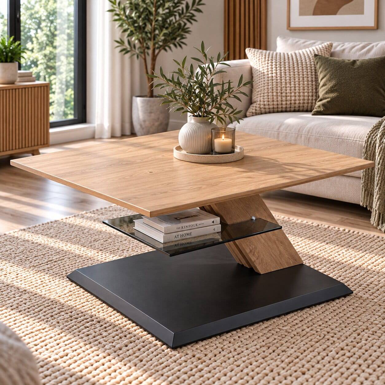 75x75 cm Couchtisch mit grauer Glasablage - Tselesto