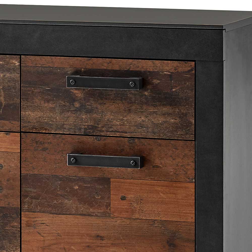 Obere Schublade der Kommode in Holzoptik Antik Grau mit schwarzem Metallgriff – Timuras