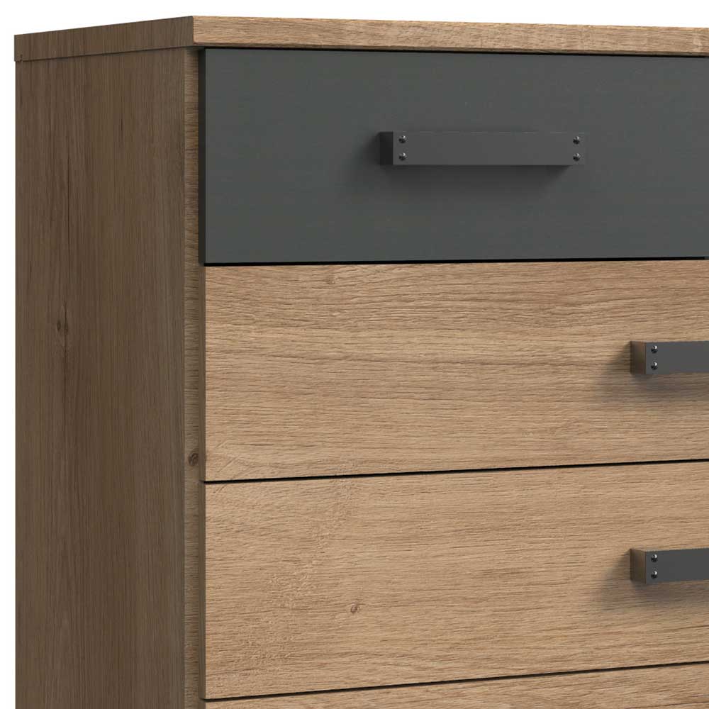 Holzmaserung der Hochkommode in Plankeneiche NB mit grauer Schublade und modernem Griff – Corpus