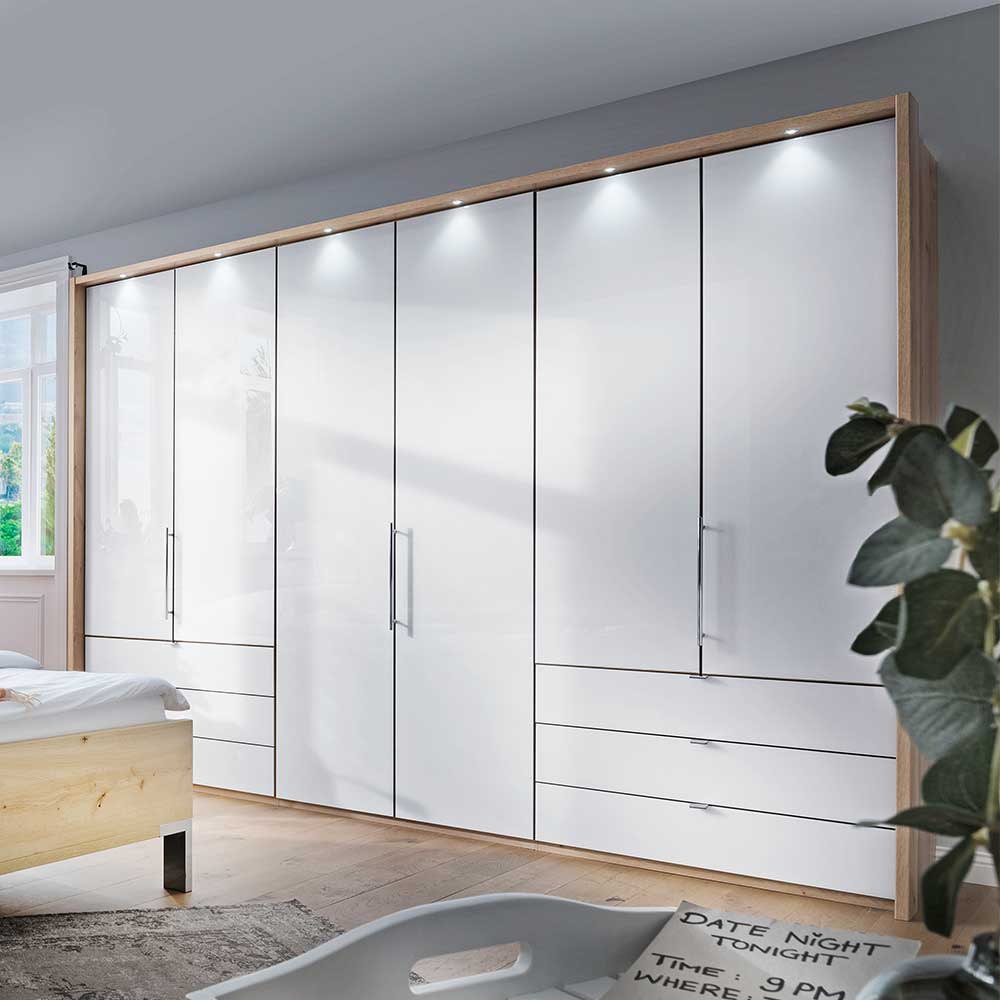 Moderner Schrank in Weiß Hochglanz und Eiche Bianco mit praktischer LED-Beleuchtung – Nuetran