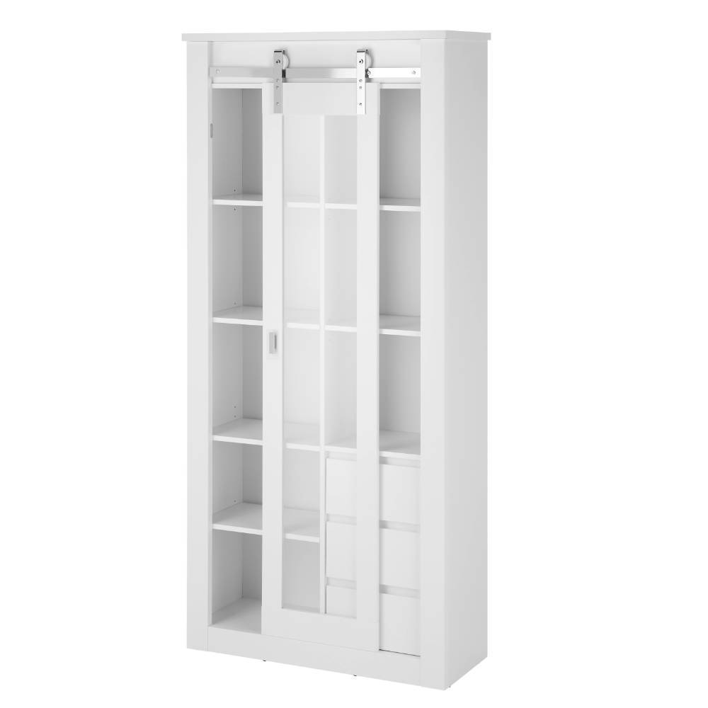 Moderne weiße Vitrine mit Schiebetür aus Glas und offenen Fächern für Esszimmer – Memphys