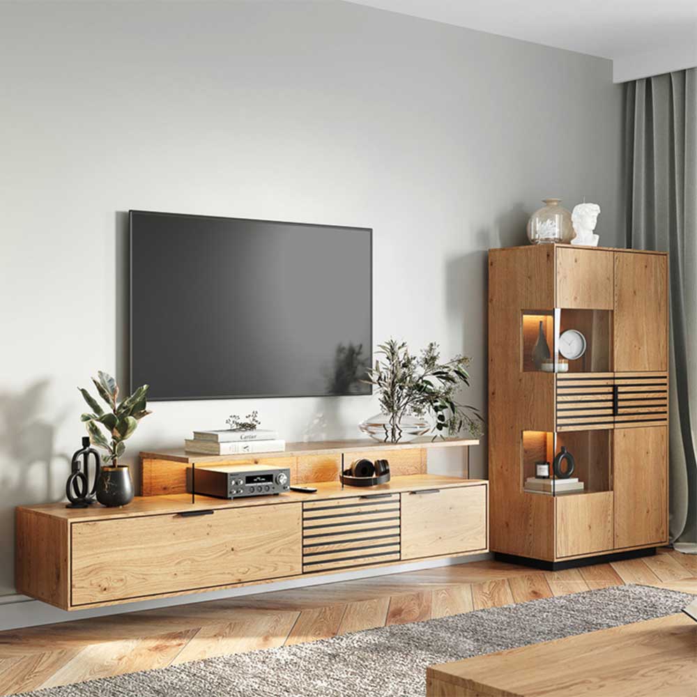 Massivholz Vitrine in Eiche mit Schwarz - Eribella