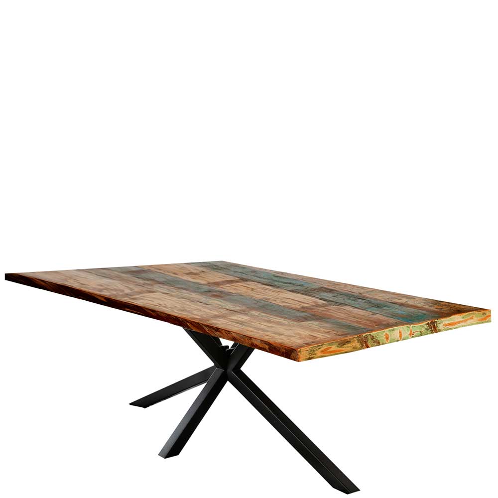 Loft Design Esstisch aus mehrfarbigem Recyclingholz mit schwarzem Spider-Gestell – Leviza