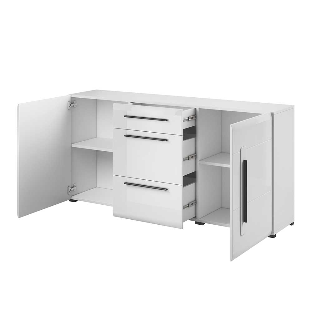 Modernes weißes Hochglanz Sideboard mit offenen Türen und ausgezogenen Schubladen für viel Stauraum – Baranoma