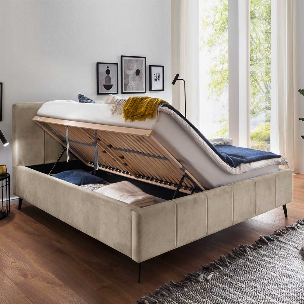 Gepolstertes Stauraumbett in Beige Velours - Emja