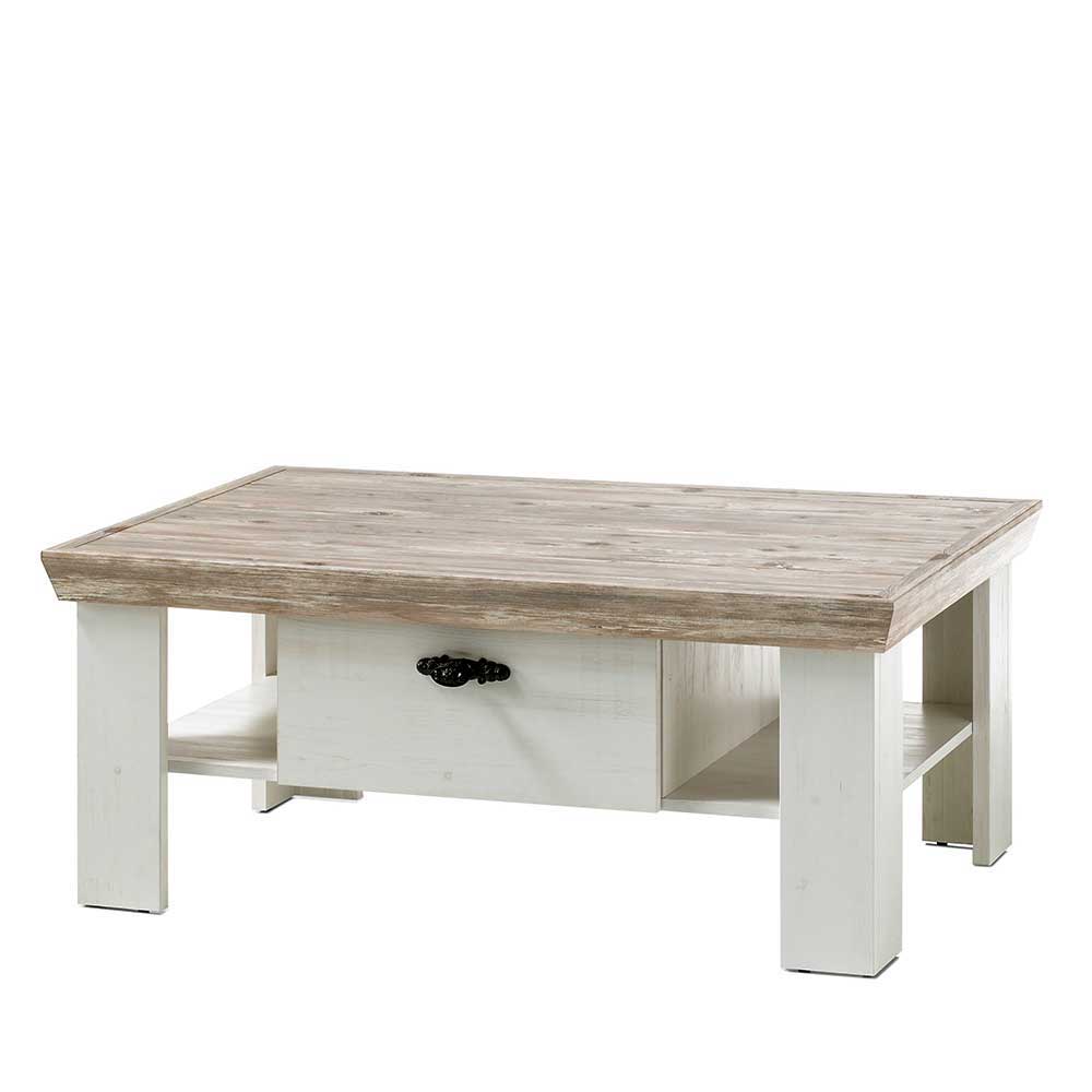 Scandi Landhaus Sofatisch mit 2 Schubladen Nedita in Weiß & Pinie Shabby