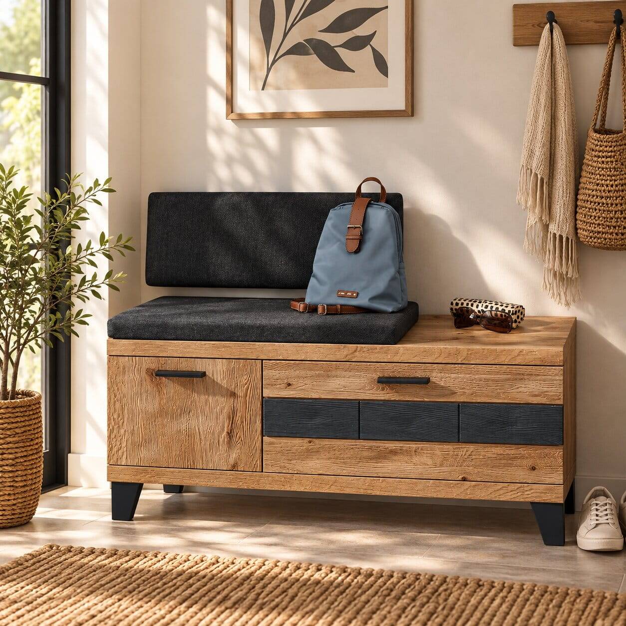 Design Flurbank aus Wildeiche in Natur & Grau - Elprisca