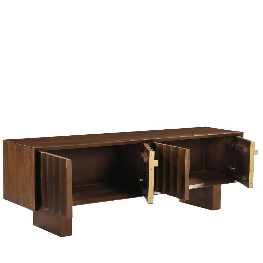 Massivholz TV Lowboard Mangoholz mit drei offenen Türen und Stauraum für Wohnzimmer – Tanky