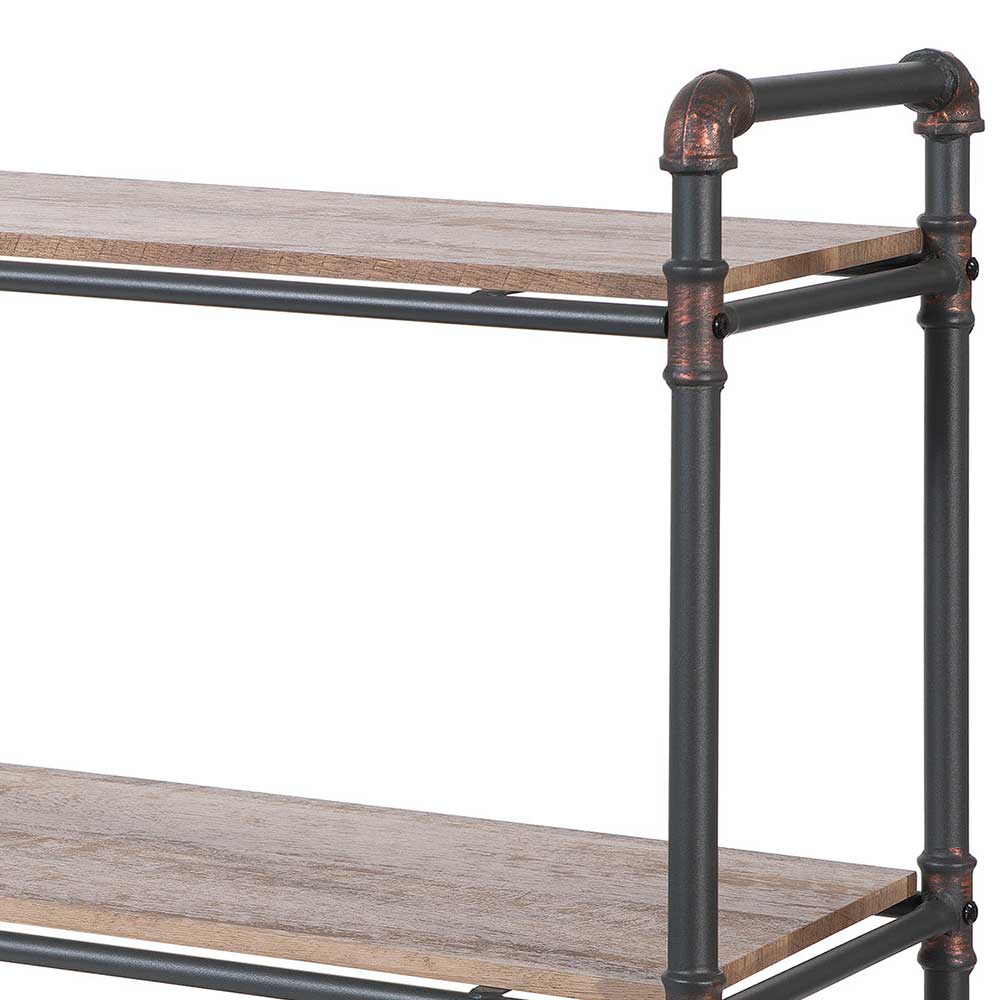 Regal Detailansicht mit robustem Eisenrohrgestell und Holzböden für das Wohnzimmer – Nenvia