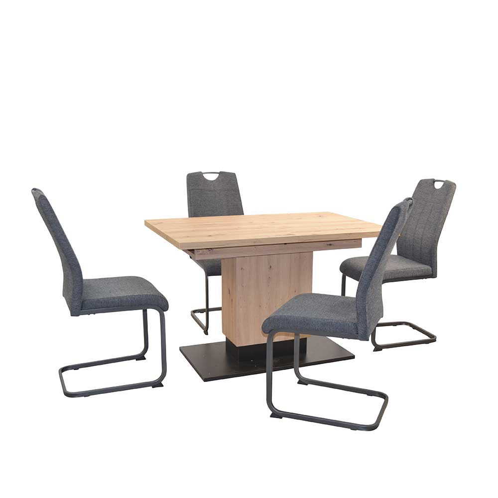 Fünfteiliges Esszimmer Set mit Ausziehtisch aus Holz und vier grauen Freischwinger Stühlen – Glade