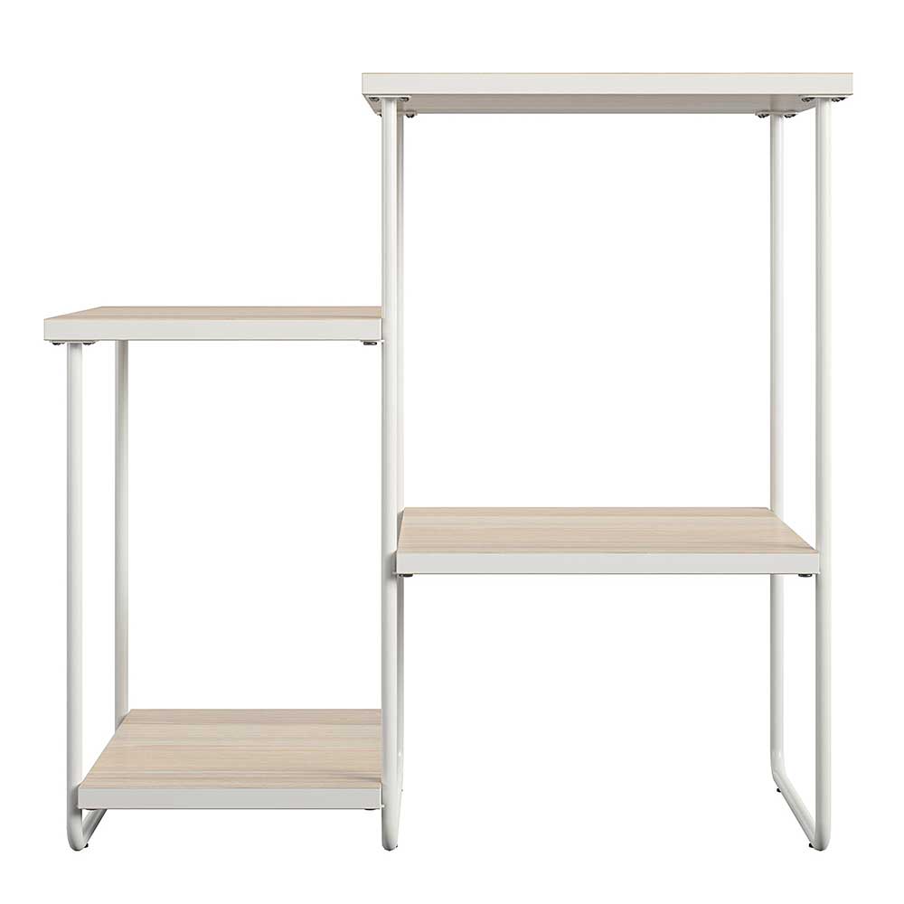 Regal Blumenständer in Holzoptik Natur mit weißem Metallgestell und drei versetzten Ebenen – Romagna
